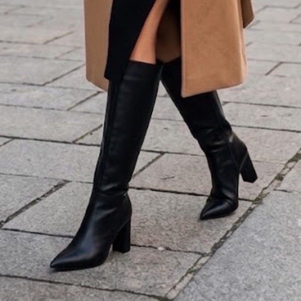 Wild pair Women Black Pointed Toe Block Heel Wide Calf Knee High Boots 8.5MW